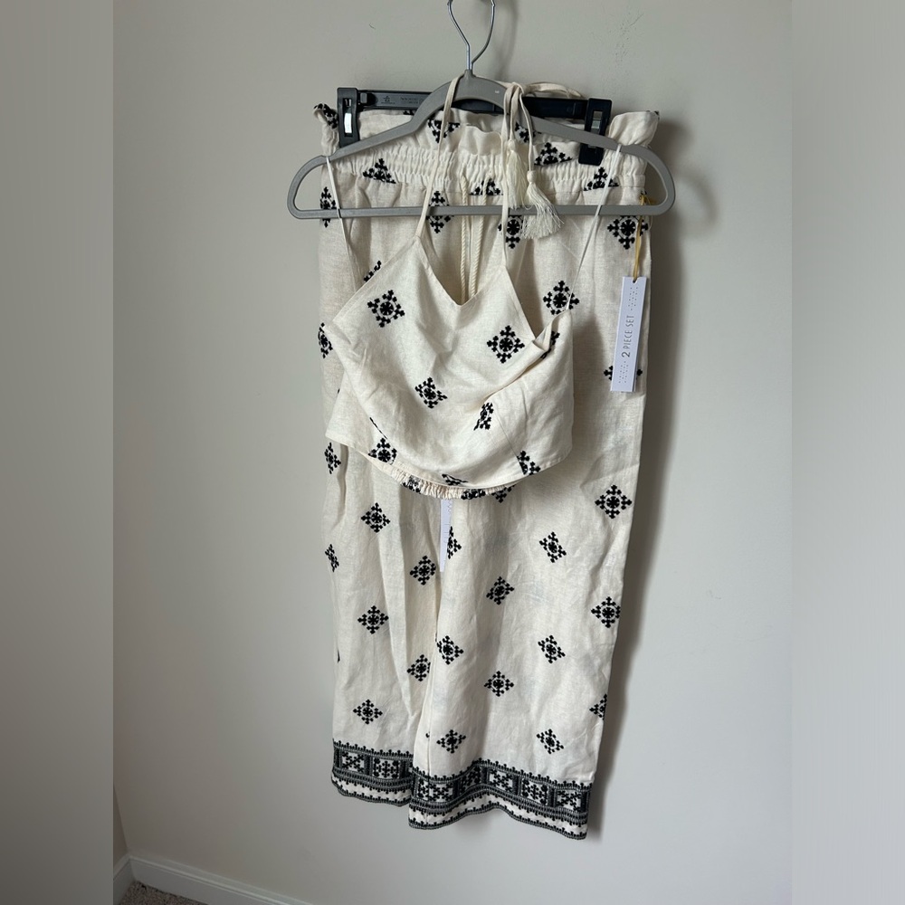 Cream Black Embroidered Halter top & Wide Leg Pant linen two piece Set